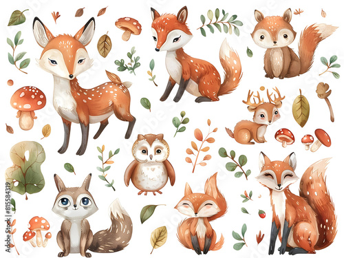 A collection of whimsical animal illustrations in sticker form, including foxes, owls, and bears, with vibrant colors and fun expressions, white background for removing background
