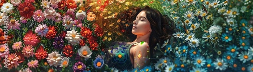 Woman lying in a field of flowers with chakras depicted as different colored blooms  aerial style