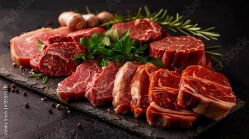 Close-up of a selection of horse steak cuts, showcasing unique flavors and textures, each suitable for different cooking methods, isolated background