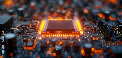 Quantum processor chip, vibrant orange and black, close up on quantum gates, vivid colors, Double exposure silhouette with a sunburst