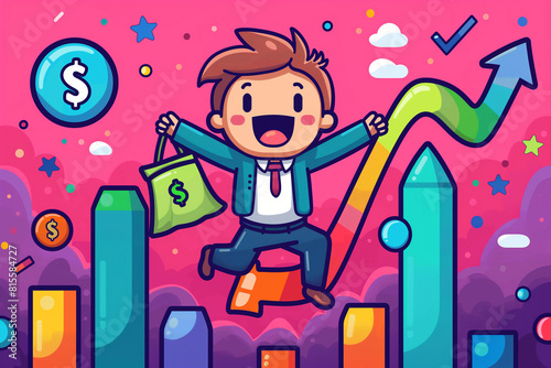   Riding the Profit Wave    A jubilant character  holding a bag of money and a dollar note  leaps atop a rising graph  symbolizing financial growth or profit increase.