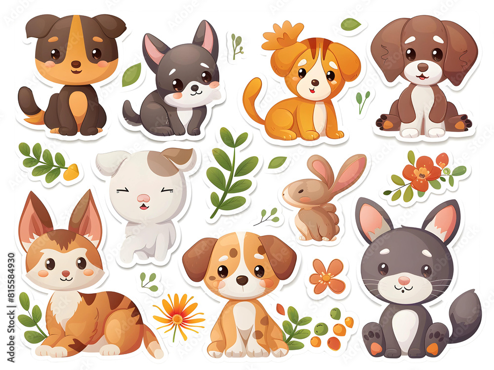 Fototapeta premium An array of cartoon-style animal stickers including lions, tigers, elephants, and giraffes, designed with vibrant colors and adorable expressions, ideal for kids' crafts, white background for