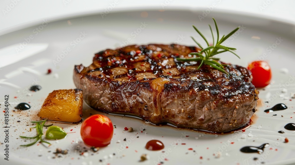 Close-up of a premium goat steak on a decorative plate, showcasing succulent textures and garnishes, isolated background, studio lighting
