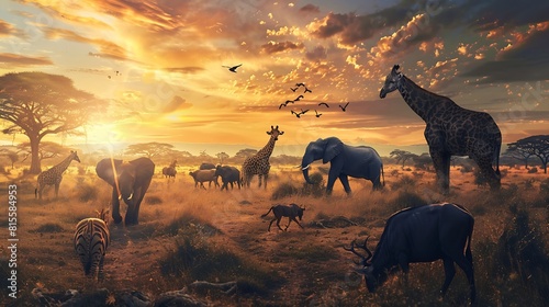 Dreamy scene of common South African safari wildlife animals together at sunset : Generative AI photo