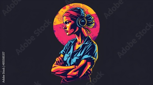 Determined Rosie the Riveter Portrait in Synthwave Style