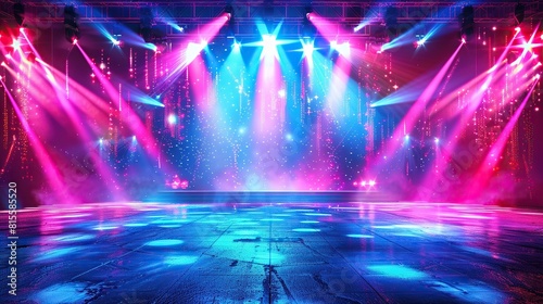 A large stage with bright pink and purple lights shining down.
