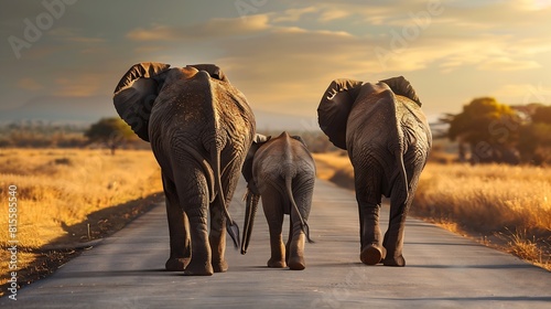 African Bush Elephants Loxodonta africana family walking on the road in wildlife reserve Greeting from Africa : Generative AI