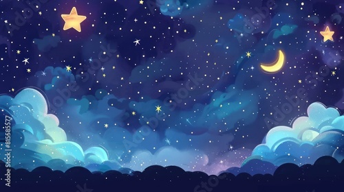 Fantasy starry night sky on space with bright stars illustration background. Generated AI image