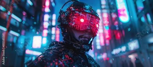 Close up of Man with digital helmet in modern neon cyberpunk city of the future. AI generated image