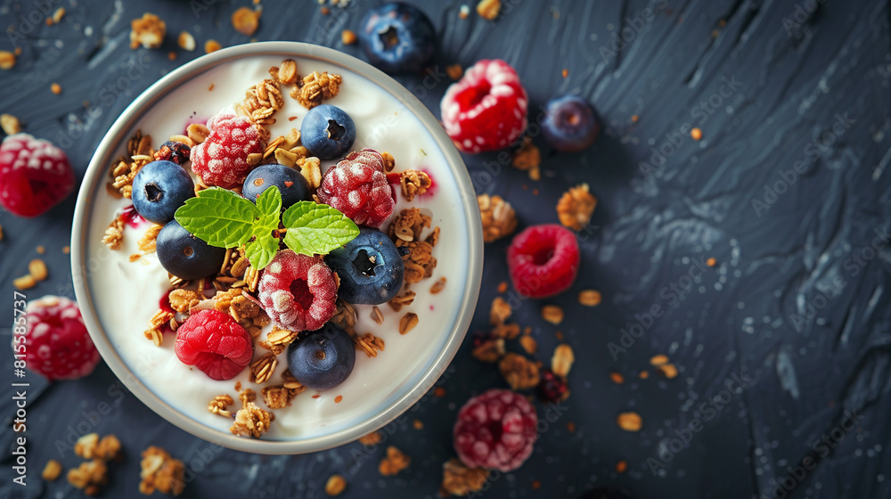 Photo of Delicious Morning Yogurt With Fresh Granola and Mixed Berries in a Bowl Photo of Delicious Morning Yogurt With Fresh Granola and Mixed Berries in a Bowl