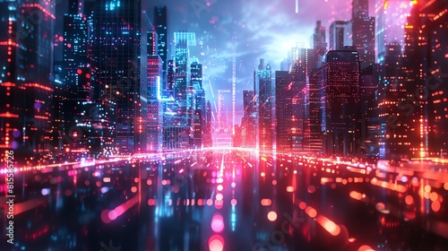 3D wallpaper depicting a futuristic cityscape, front view, Neon glow, digital tone, vivid