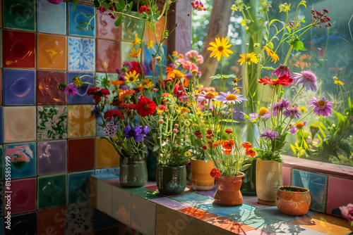 An array of wildflowers on a colorful ceramic tiled shelf, adding charm and vibrancy to a sunlit garden room.