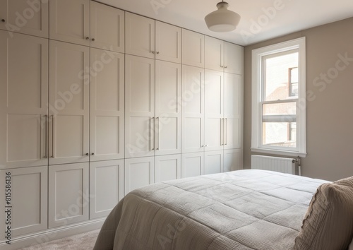 Interior of a bedroom with white bed and white chest of drawers. Stylish wardrobe with clothes in modern room