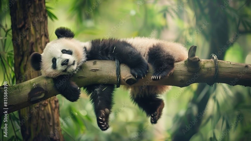 Obraz premium Panda Bear Sleeping on a Tree Branch China Wildlife Bifengxia nature reserve Sichuan Province Cute Lazy Baby Panda Sleeping in the Forest Enjoying an afternoon nap with paws Hanging Do : Generative AI