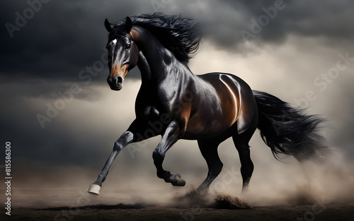 Black horse galloping in a thunderstorm, dynamic and powerful, with dark, dramatic clouds in the background