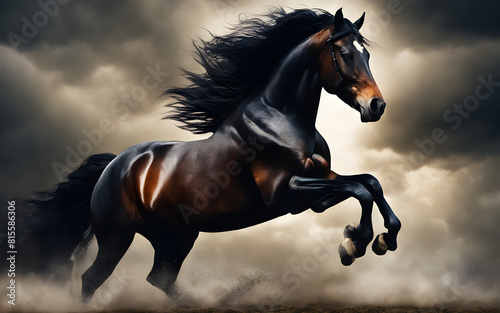 Black horse galloping in a thunderstorm, dynamic and powerful, with dark, dramatic clouds in the background photo