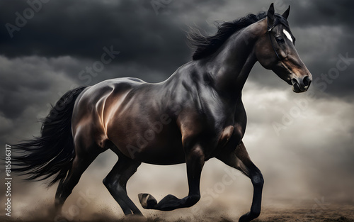 Black horse galloping in a thunderstorm  dynamic and powerful  with dark  dramatic clouds in the background