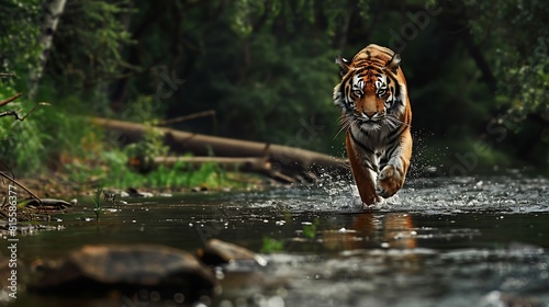 Amur tiger walking in the water Dangerous animal taiga Russia Animal in green forest stream Grey stone river droplet Wild cat in nature habitat : Generative AI © The Little Hut