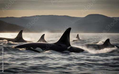 Breathtaking scene of an orca pod swimming through the Northern Pacific ocean, their dorsal fins cutting through the waves © julien.habis