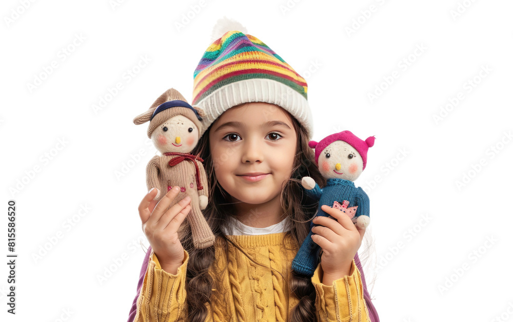 Adorable Kid with Puppets, Against a White Backdrop, Innocent Youngster Poses with Puppets in a Blank Space