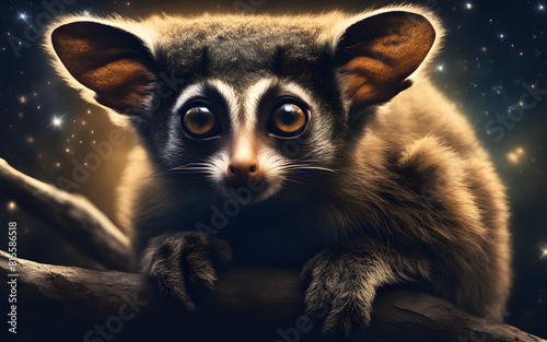 Bright-eyed bushbaby in a night scene, moonlight casting eerie glows. Exotic and mysterious nocturnal wildlife photo