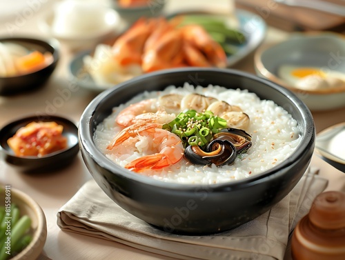 A traditional Korean breakfast setting with juk rice porridge, kimchi, and salted seafood photo