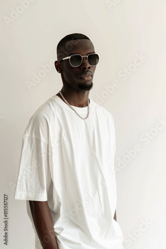 Handsome young man in white t-shirt and sunglasses on white background