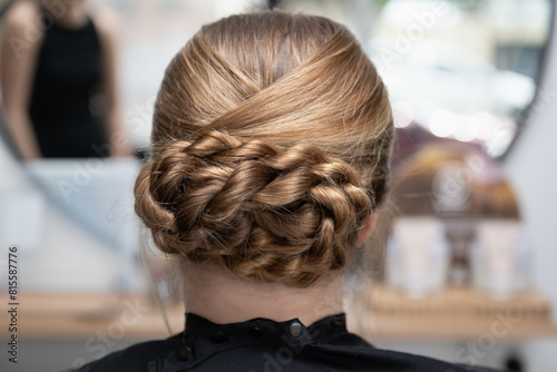 bridal hairstyle bun chignon, back coil coiled hair upstyle, elegant sophisticated, formal occasion wedding engagement prom graduation, beauty parlor parlour salon, hairdresser getting ready