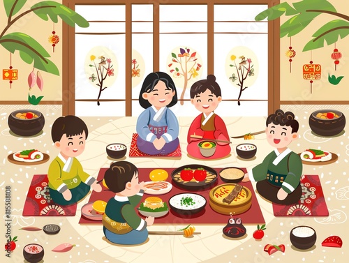 A traditional Korean New Year celebration with family playing yunnori and enjoying festive foods photo