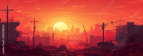 A dystopian wasteland ravaged by war and environmental catastrophe, where toxic fumes and radioactive fallout poison the land, and the few survivors eke out a meager existence amidst the ruins of photo