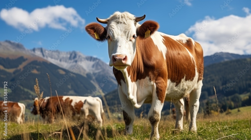 Brown and white cow looking at camera grazing on pastures in summer sunset meadow Brown and white cow looking at camera grazing on pastures in summer sunset meadow