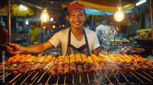 A friendly street food vendor is grilling up some delicious skewers of meat and seafood © Nuth