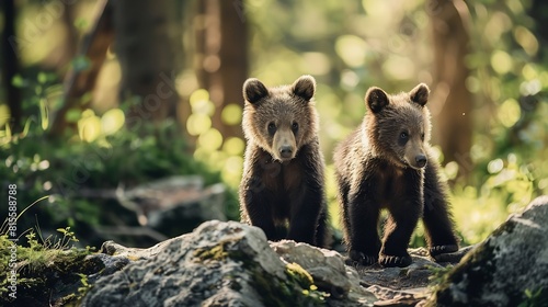 Two young brown bear cub in the forest Portrait of brown bear animal in the nature habitat Wildlife scene from Europe Cub of brown bear without mother : Generative AI