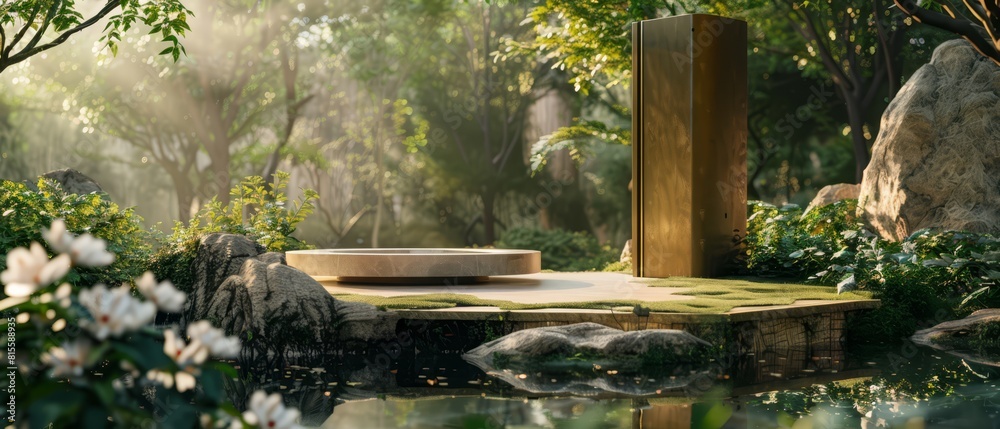 Elegant beauty platform with a stone pedestal in a serene garden setting, suitable for luxury skincare product showcases, Elegant beauty platform with a stone pedestal in a serene garden setting, suitable for luxury skincare product showcases,