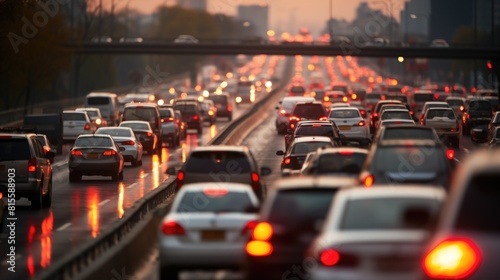 Busy road traffic jam on road red glowing lights evening time