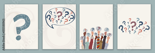Poster - template or brochure with Raised hands of people holding a speech bubble with a hand-drawn question mark symbol. Concept of choice - problem - question -doubt - or query. FAQ