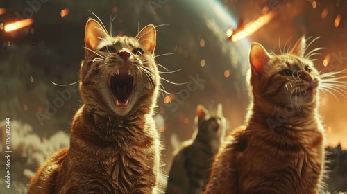 A group of cats are standing in front of a fiery background, looking scared. The image is set in a post-apocalyptic world. © Nuth