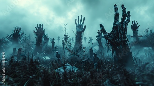 A terrifying scene of zombie hands rising from the grave, set against a foggy cemetery backdrop, perfect for horror films and Halloween themes, highlighting the concept of resurrection and undead.