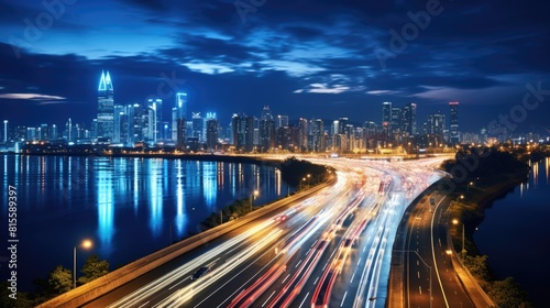Traffic in seoul at night and city speed motion glowing lights with ocean