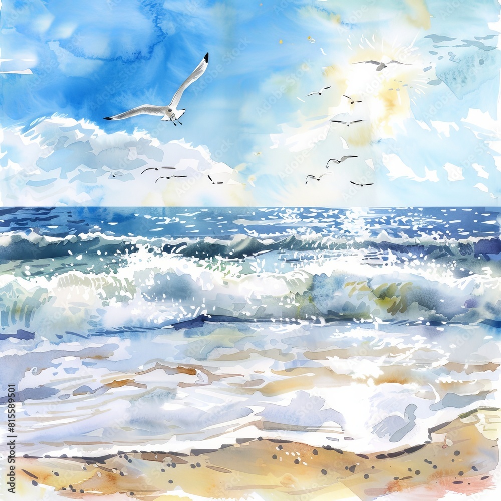Obraz premium Watercolor painting of a sunny summer day at the beach, with waves crashing against the shore and seagulls soaring, on isolated white background, Generative AI