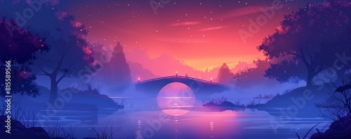 A ghostly bridge over a stream, with otherworldly lights flickering in the darkness. illustration.