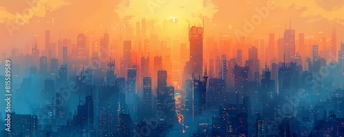 A dystopian metropolis cloaked in perpetual smog, where towering skyscrapers cast ominous shadows over the crowded streets below.   illustration. photo