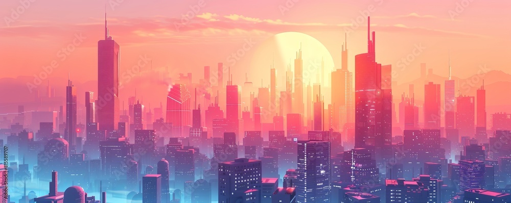 Fototapeta premium A retro-futuristic metropolis where the past and future collide in a dizzying array of styles and technologies, with art deco architecture juxtaposed against sleek glass towers. illustration.