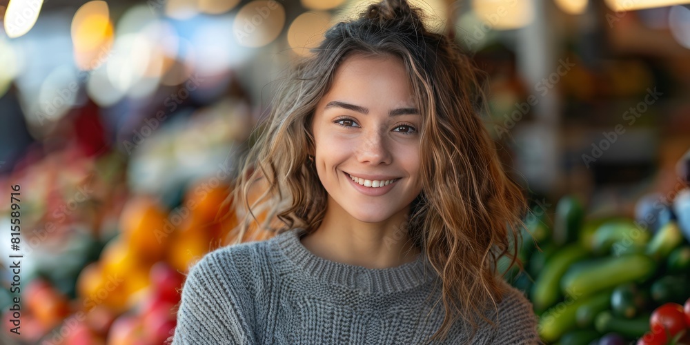Medium shot portrait photography of a cheerful woman in her 30s that is wearing a cozy sweater against a vibrant and lively farmer's market with seasonal produce background . illustration Medium shot portrait photography of a cheerful woman in her 30s that is wearing a cozy sweater against a vibrant and lively farmer's market with seasonal produce background . illustration