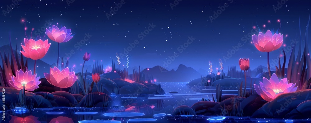 A bioengineered garden where bioluminescent flowers bloom amidst shimmering pools of water, their soft glow casting an ethereal light on the surrounding landscape. illustration. A bioengineered garden where bioluminescent flowers bloom amidst shimmering pools of water, their soft glow casting an ethereal light on the surrounding landscape. illustration.
