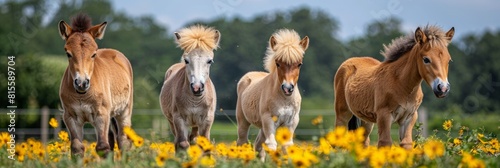 Cute ponies in scenic pasture. Adorable farm animals in rural landscape. Banner with copy space