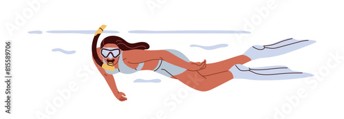 Woman snorkeling. Female snorkeler exploring underwater in mask and breathing tube. Swimmer swimming under sea surface. Summer marine activity. Flat vector illustration isolated on white background