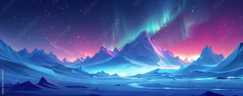 A fantastical realm of ice and snow, where towering glaciers and frozen tundras form a majestic landscape beneath the glow of the northern lights. illustration. A fantastical realm of ice and snow, where towering glaciers and frozen tundras form a majestic landscape beneath the glow of the northern lights. illustration.