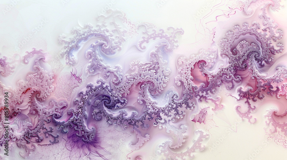 Intricate, lace-like patterns in shades of purple and pink, forming a delicate and detailed abstract design on a white background.
