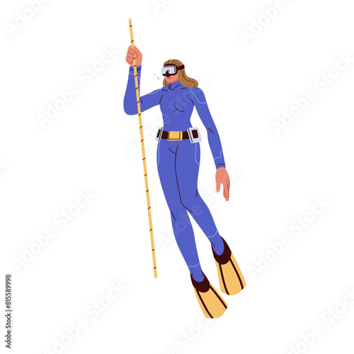 Free diver in goggles anchoring with rope during freediving. Breath-hold diving underwater, holding cord, twine under water, sea immersion. Flat vector illustration isolated on white background
